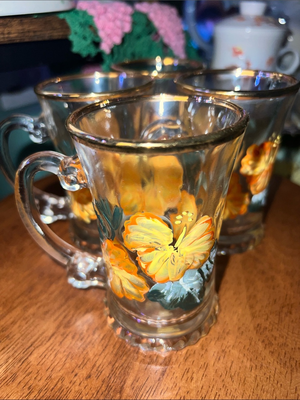 Hand-Painted Floral Glass Mugs with Gold Rim - Set of 4 - Picture 2 of 6